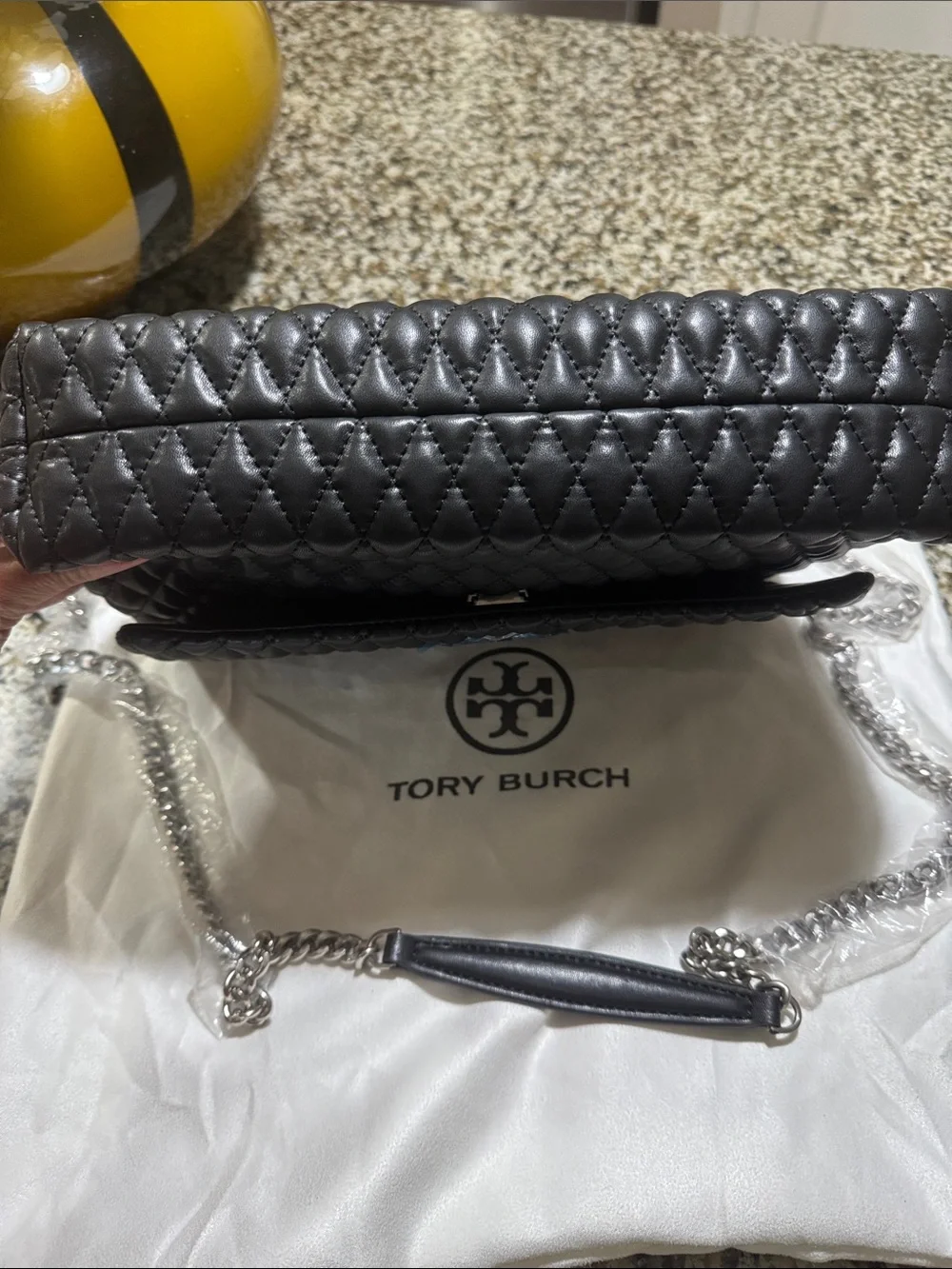 Tory Burch Black Quilted Leather Shoulder Bag with Chain Strap